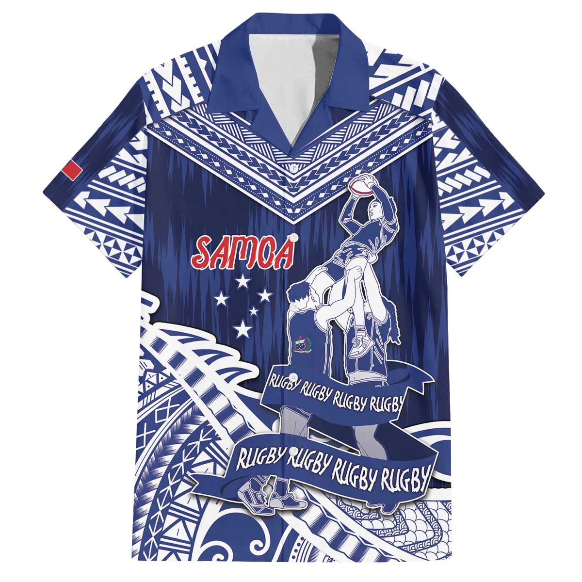 Personalised Samoa Rugby Family Matching Off The Shoulder Long Sleeve Dress and Hawaiian Shirt Pacific Warrior Glory DT05 Dad's Shirt - Short Sleeve Navy - Polynesian Pride