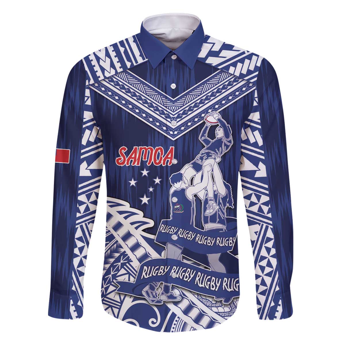Personalised Samoa Rugby Family Matching Off The Shoulder Long Sleeve Dress and Hawaiian Shirt Pacific Warrior Glory DT05 Dad's Shirt - Long Sleeve Navy - Polynesian Pride