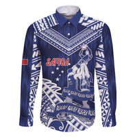 Personalised Samoa Rugby Family Matching Off The Shoulder Long Sleeve Dress and Hawaiian Shirt Pacific Warrior Glory DT05 Dad's Shirt - Long Sleeve Navy - Polynesian Pride