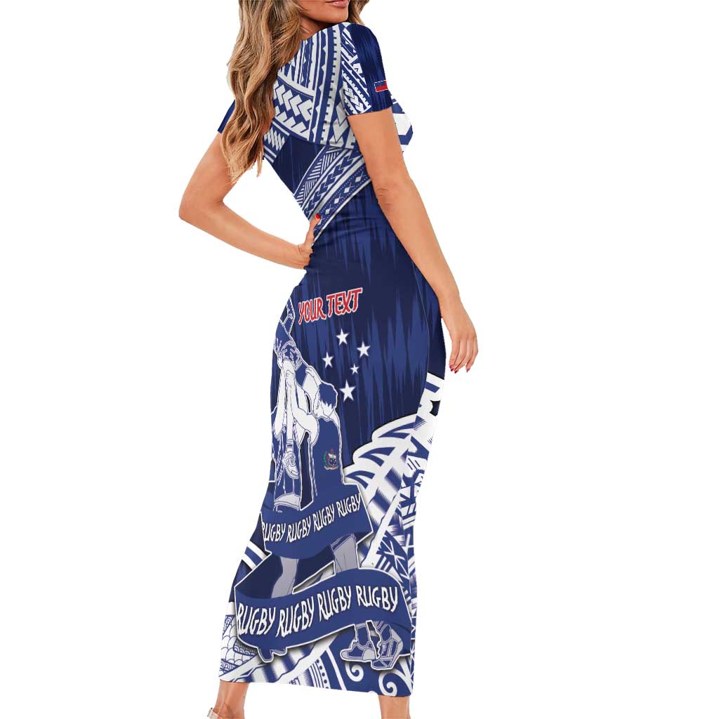 Personalised Samoa Rugby Family Matching Short Sleeve Bodycon Dress and Hawaiian Shirt Pacific Warrior Glory - Polynesian Pride