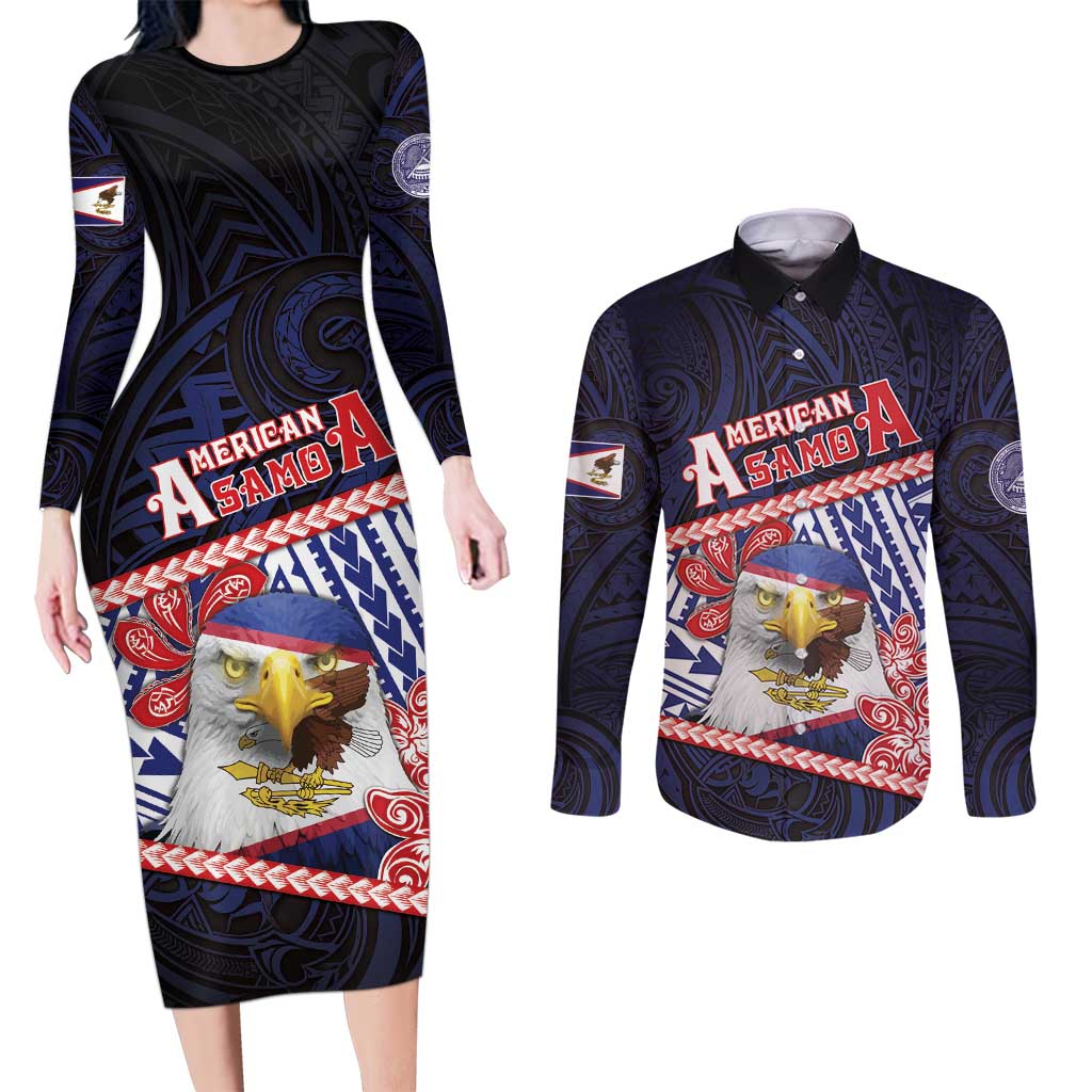 Personalized American Samoa Couples Matching Long Sleeve Bodycon Dress and Long Sleeve Button Shirt Bald Eagle With Polynesian Pattern DT05 Navy - Polynesian Pride