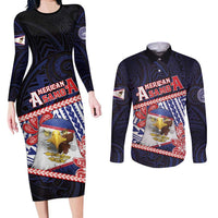 Personalized American Samoa Couples Matching Long Sleeve Bodycon Dress and Long Sleeve Button Shirt Bald Eagle With Polynesian Pattern DT05 Navy - Polynesian Pride