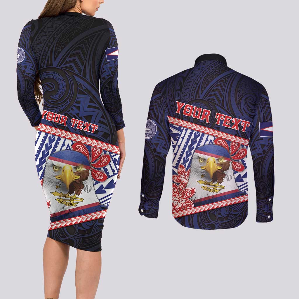 Personalized American Samoa Couples Matching Long Sleeve Bodycon Dress and Long Sleeve Button Shirt Bald Eagle With Polynesian Pattern DT05 - Polynesian Pride