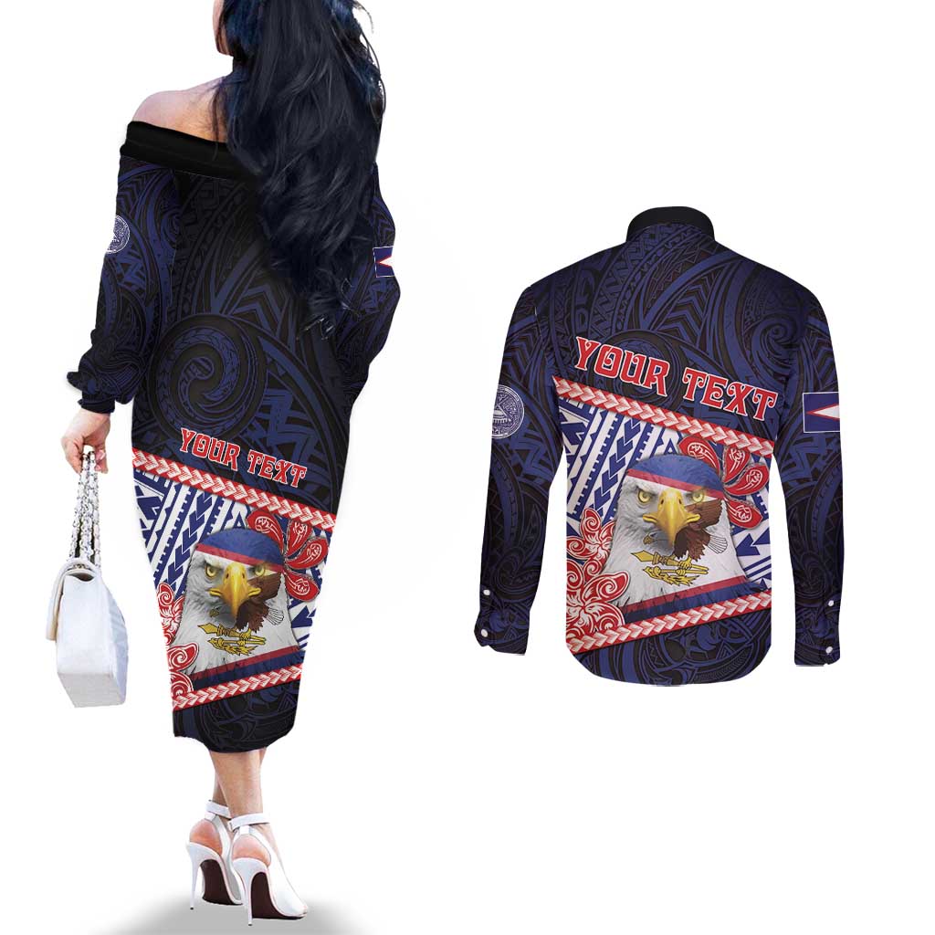 Personalized American Samoa Couples Matching Off The Shoulder Long Sleeve Dress and Long Sleeve Button Shirt Bald Eagle With Polynesian Pattern - Polynesian Pride