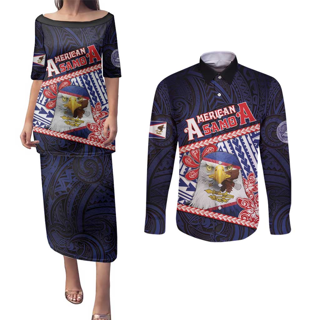 Personalized American Samoa Couples Matching Puletasi and Long Sleeve Button Shirt Bald Eagle With Polynesian Pattern DT05 Navy - Polynesian Pride