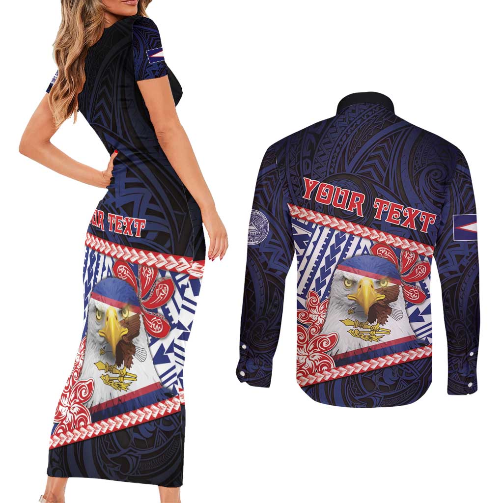 Personalized American Samoa Couples Matching Short Sleeve Bodycon Dress and Long Sleeve Button Shirt Bald Eagle With Polynesian Pattern - Polynesian Pride