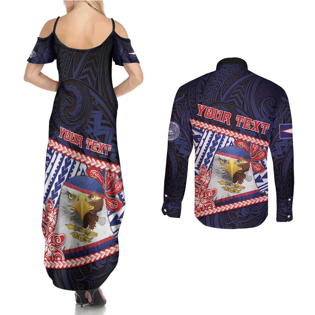 Personalized American Samoa Couples Matching Summer Maxi Dress and Long Sleeve Button Shirt Bald Eagle With Polynesian Pattern - Polynesian Pride