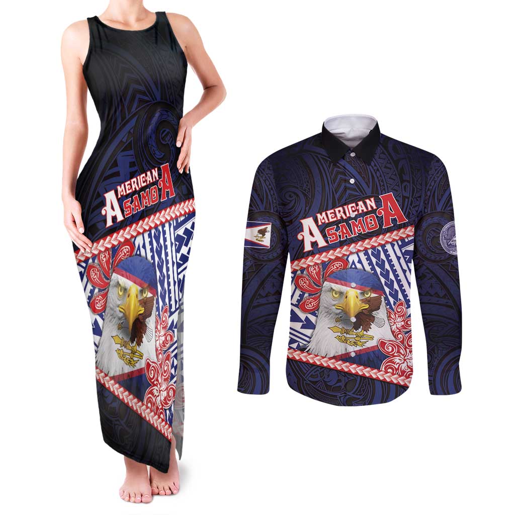 Personalized American Samoa Couples Matching Tank Maxi Dress and Long Sleeve Button Shirt Bald Eagle With Polynesian Pattern - Polynesian Pride