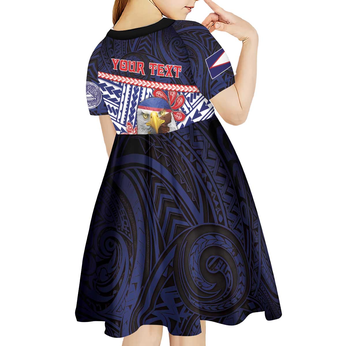 Personalized American Samoa Kid Short Sleeve Dress Bald Eagle With Polynesian Pattern - Polynesian Pride