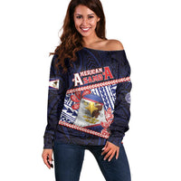 Personalized American Samoa Off Shoulder Sweater Bald Eagle With Polynesian Pattern DT05 Women Navy - Polynesian Pride