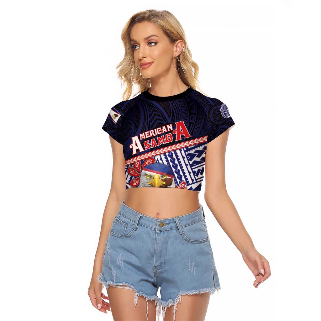 Personalized American Samoa Raglan Cropped T Shirt Bald Eagle With Polynesian Pattern - Polynesian Pride