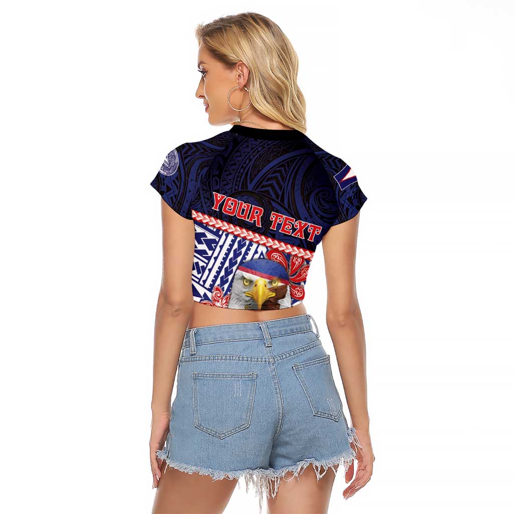 Personalized American Samoa Raglan Cropped T Shirt Bald Eagle With Polynesian Pattern - Polynesian Pride