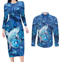 Personalised Northern Mariana Islands Couples Matching Long Sleeve Bodycon Dress and Long Sleeve Button Shirt Galaxy Polynesian Shark Tattoo DT05 Blue - Polynesian Pride