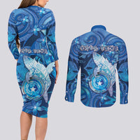Personalised Northern Mariana Islands Couples Matching Long Sleeve Bodycon Dress and Long Sleeve Button Shirt Galaxy Polynesian Shark Tattoo DT05 - Polynesian Pride
