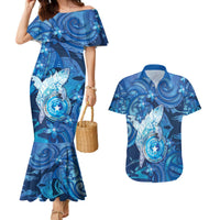 Personalised Northern Mariana Islands Couples Matching Mermaid Dress and Hawaiian Shirt Galaxy Polynesian Shark Tattoo DT05 Blue - Polynesian Pride