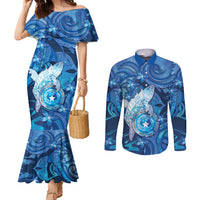 Personalised Northern Mariana Islands Couples Matching Mermaid Dress and Long Sleeve Button Shirt Galaxy Polynesian Shark Tattoo DT05 Blue - Polynesian Pride