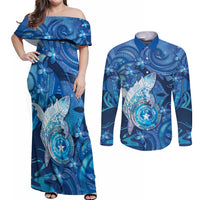 Personalised Northern Mariana Islands Couples Matching Off Shoulder Maxi Dress and Long Sleeve Button Shirt Galaxy Polynesian Shark Tattoo DT05 Blue - Polynesian Pride