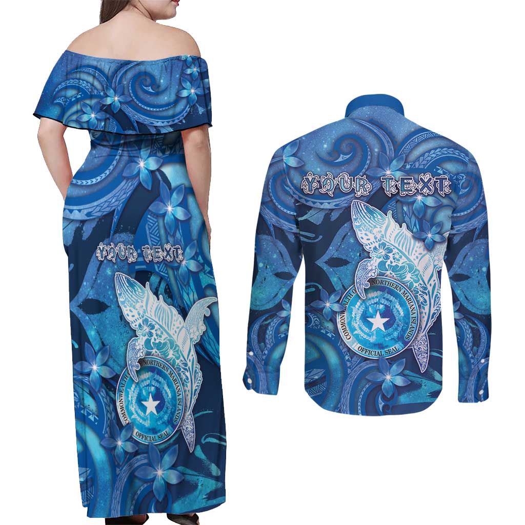 Personalised Northern Mariana Islands Couples Matching Off Shoulder Maxi Dress and Long Sleeve Button Shirt Galaxy Polynesian Shark Tattoo DT05 - Polynesian Pride