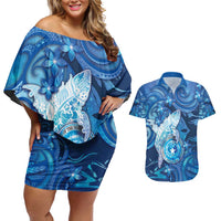 Personalised Northern Mariana Islands Couples Matching Off Shoulder Short Dress and Hawaiian Shirt Galaxy Polynesian Shark Tattoo DT05 Blue - Polynesian Pride