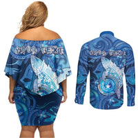 Personalised Northern Mariana Islands Couples Matching Off Shoulder Short Dress and Long Sleeve Button Shirt Galaxy Polynesian Shark Tattoo DT05 - Polynesian Pride