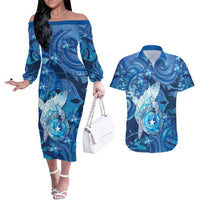 Personalised Northern Mariana Islands Couples Matching Off The Shoulder Long Sleeve Dress and Hawaiian Shirt Galaxy Polynesian Shark Tattoo DT05 Blue - Polynesian Pride