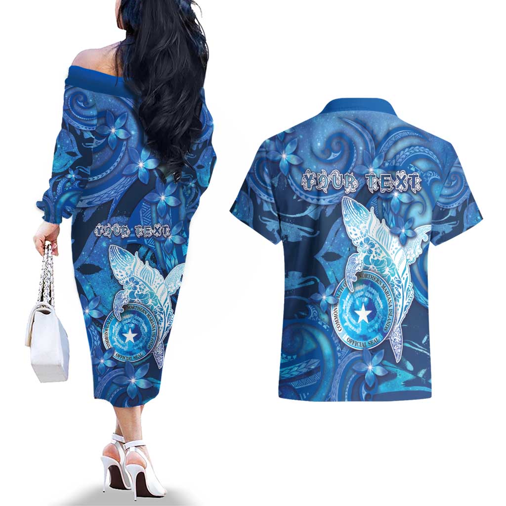 Personalised Northern Mariana Islands Couples Matching Off The Shoulder Long Sleeve Dress and Hawaiian Shirt Galaxy Polynesian Shark Tattoo DT05 - Polynesian Pride