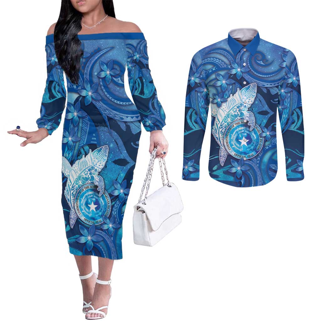 Personalised Northern Mariana Islands Couples Matching Off The Shoulder Long Sleeve Dress and Long Sleeve Button Shirt Galaxy Polynesian Shark Tattoo DT05 Blue - Polynesian Pride