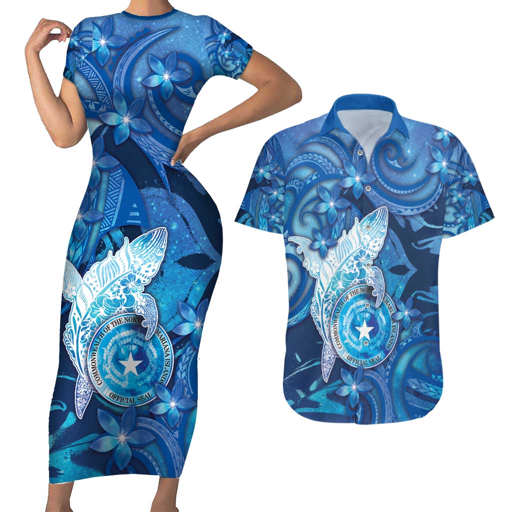 Personalised Northern Mariana Islands Couples Matching Short Sleeve Bodycon Dress and Hawaiian Shirt Galaxy Polynesian Shark Tattoo DT05 Blue - Polynesian Pride