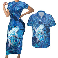 Personalised Northern Mariana Islands Couples Matching Short Sleeve Bodycon Dress and Hawaiian Shirt Galaxy Polynesian Shark Tattoo DT05 Blue - Polynesian Pride