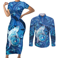 Personalised Northern Mariana Islands Couples Matching Short Sleeve Bodycon Dress and Long Sleeve Button Shirt Galaxy Polynesian Shark Tattoo DT05 Blue - Polynesian Pride