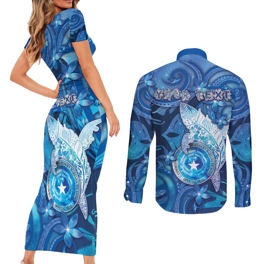 Personalised Northern Mariana Islands Couples Matching Short Sleeve Bodycon Dress and Long Sleeve Button Shirt Galaxy Polynesian Shark Tattoo DT05 - Polynesian Pride