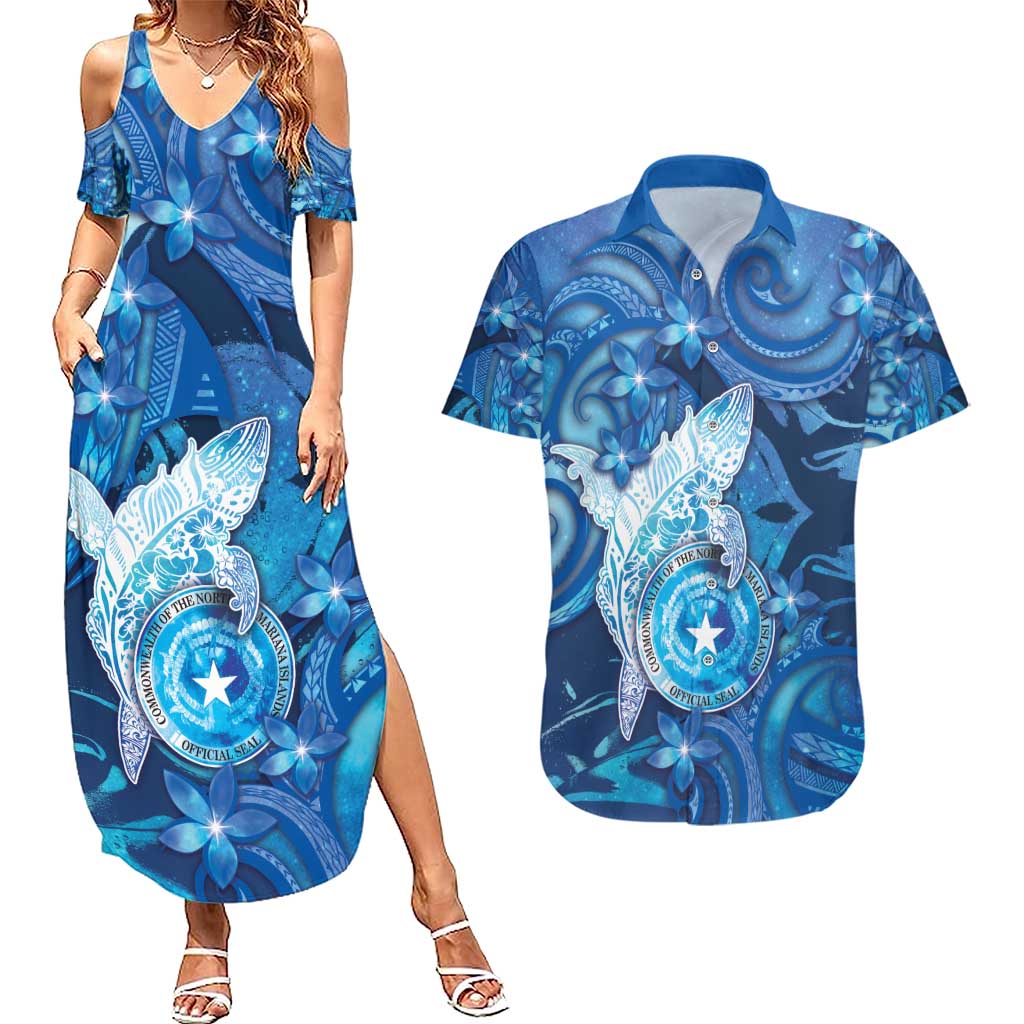 Personalised Northern Mariana Islands Couples Matching Summer Maxi Dress and Hawaiian Shirt Galaxy Polynesian Shark Tattoo DT05 Blue - Polynesian Pride