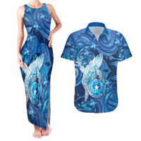 Personalised Northern Mariana Islands Couples Matching Tank Maxi Dress and Hawaiian Shirt Galaxy Polynesian Shark Tattoo DT05 Blue - Polynesian Pride