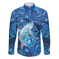 Personalised Northern Mariana Islands Family Matching Long Sleeve Bodycon Dress and Hawaiian Shirt Galaxy Polynesian Shark Tattoo DT05 Dad's Shirt - Long Sleeve Blue - Polynesian Pride