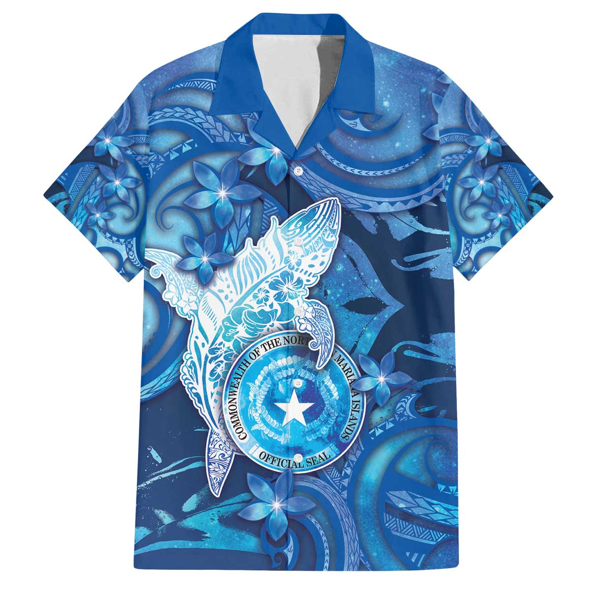 Personalised Northern Mariana Islands Family Matching Off The Shoulder Long Sleeve Dress and Hawaiian Shirt Galaxy Polynesian Shark Tattoo DT05 Dad's Shirt - Short Sleeve Blue - Polynesian Pride