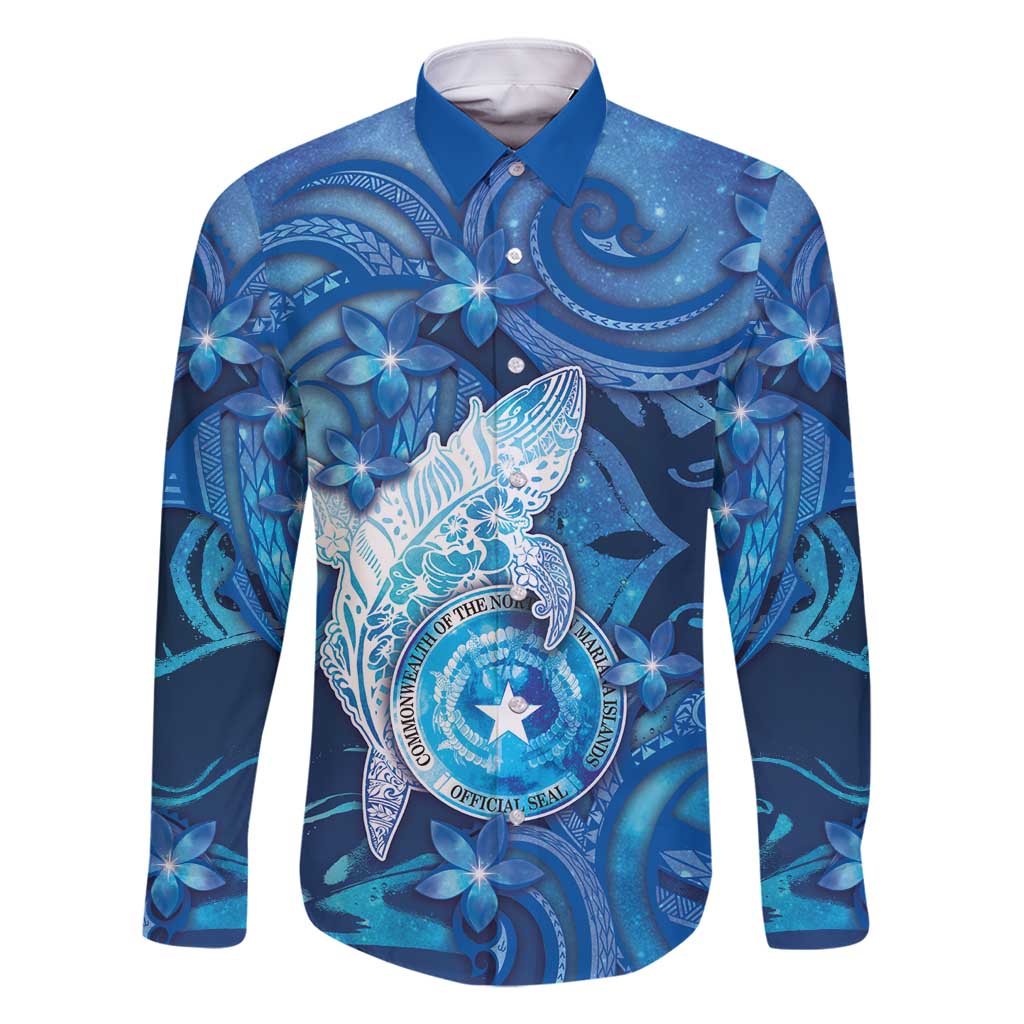 Personalised Northern Mariana Islands Family Matching Summer Maxi Dress and Hawaiian Shirt Galaxy Polynesian Shark Tattoo DT05 Dad's Shirt - Long Sleeve Blue - Polynesian Pride