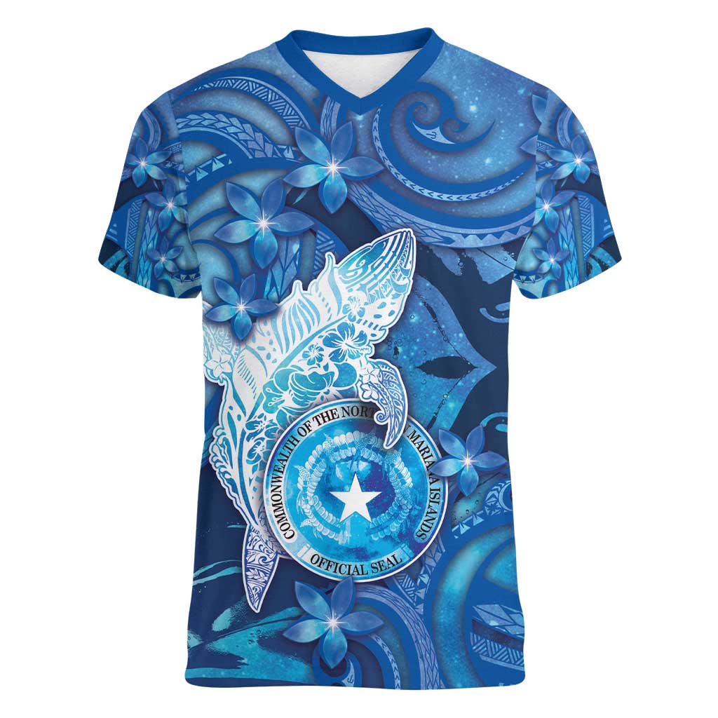 Personalised Northern Mariana Islands Women V-Neck T-Shirt Galaxy Polynesian Shark Tattoo DT05 Female Blue - Polynesian Pride