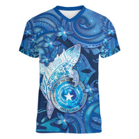 Personalised Northern Mariana Islands Women V-Neck T-Shirt Galaxy Polynesian Shark Tattoo DT05 Female Blue - Polynesian Pride