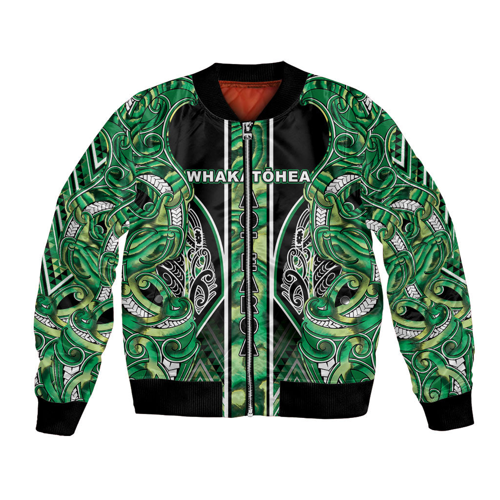 Aotearoa Whakatohea Bomber Jacket Maori Tribal Green Abalone Paua Shell Pattern