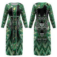 Aotearoa Whakatohea Couples Matching Long Sleeve Bodycon Dress and Long Sleeve Button Shirt Maori Tribal Green Abalone Paua Shell Pattern DT05 - Polynesian Pride
