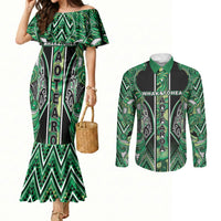 Aotearoa Whakatohea Couples Matching Mermaid Dress and Long Sleeve Button Shirt Maori Tribal Green Abalone Paua Shell Pattern DT05 Green - Polynesian Pride