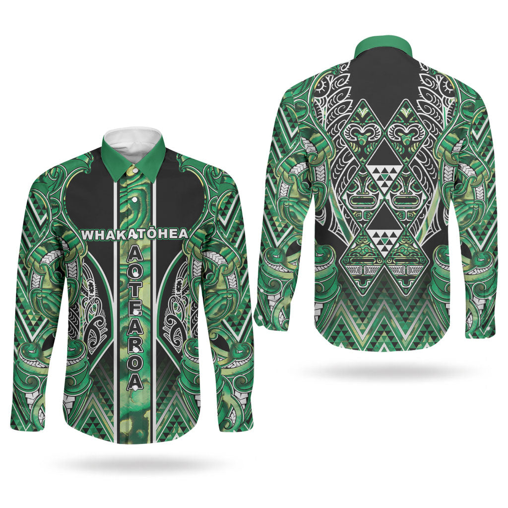 Aotearoa Whakatohea Couples Matching Mermaid Dress and Long Sleeve Button Shirt Maori Tribal Green Abalone Paua Shell Pattern DT05 - Polynesian Pride