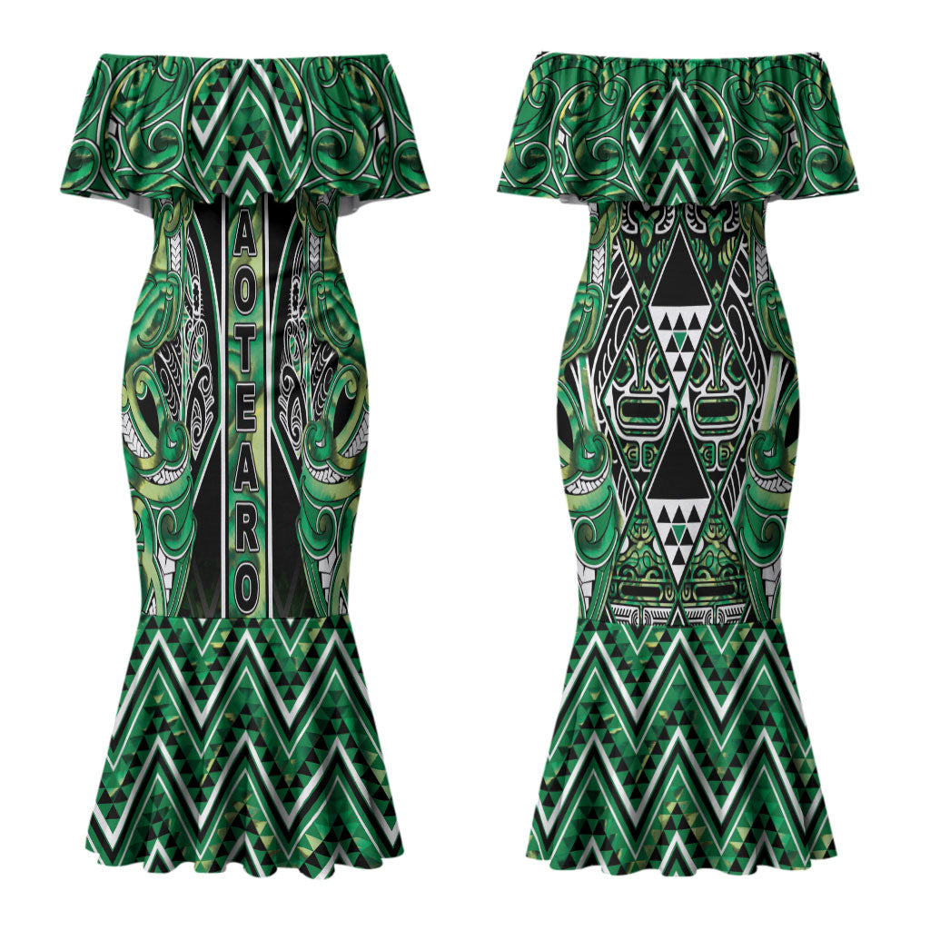Aotearoa Whakatohea Couples Matching Mermaid Dress and Long Sleeve Button Shirt Maori Tribal Green Abalone Paua Shell Pattern DT05 - Polynesian Pride