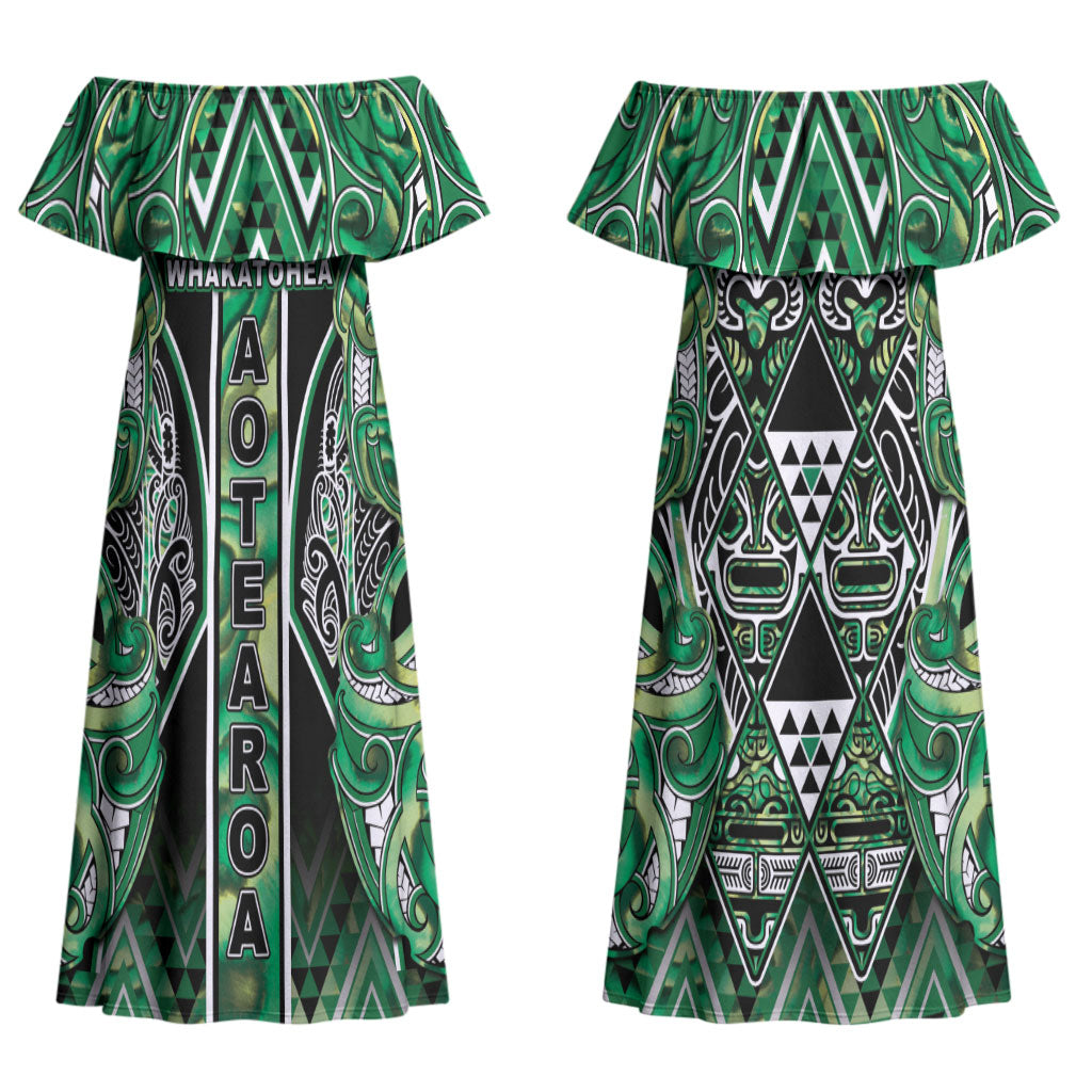 Aotearoa Whakatohea Couples Matching Off Shoulder Maxi Dress and Hawaiian Shirt Maori Tribal Green Abalone Paua Shell Pattern DT05 - Polynesian Pride