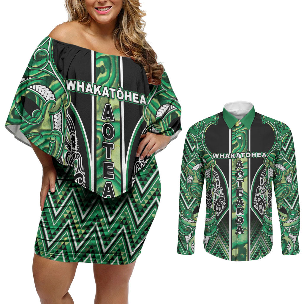 Aotearoa Whakatohea Couples Matching Off Shoulder Short Dress and Long Sleeve Button Shirt Maori Tribal Green Abalone Paua Shell Pattern DT05 Green - Polynesian Pride