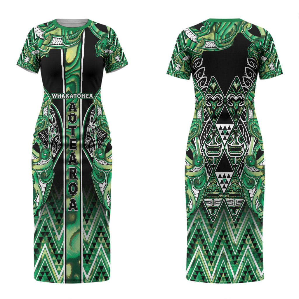 Aotearoa Whakatohea Couples Matching Short Sleeve Bodycon Dress and Long Sleeve Button Shirt Maori Tribal Green Abalone Paua Shell Pattern DT05 - Polynesian Pride