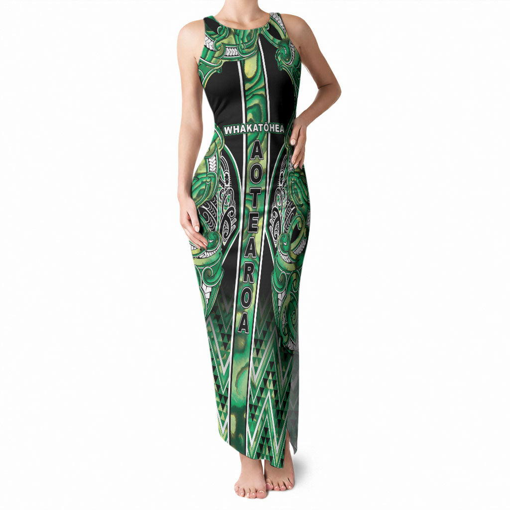 Aotearoa Whakatohea Tank Maxi Dress Maori Tribal Green Abalone Paua Shell Pattern