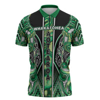 Aotearoa Whakatohea Zipper Polo Shirt Maori Tribal Green Abalone Paua Shell Pattern DT05 Green - Polynesian Pride