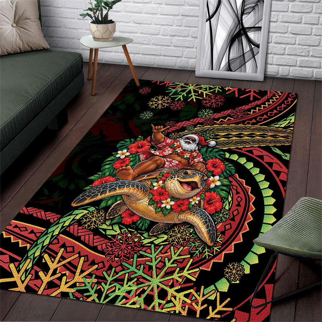 Hawaii Christmas Area Rug Aloha Santa Riding Honu DT05 Black - Polynesian Pride
