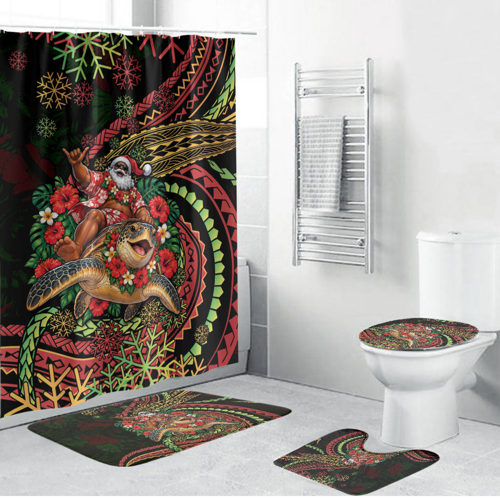 Hawaii Christmas Bathroom Set Aloha Santa Riding Honu DT05 Bathroom Set (4 pcs) Black - Polynesian Pride